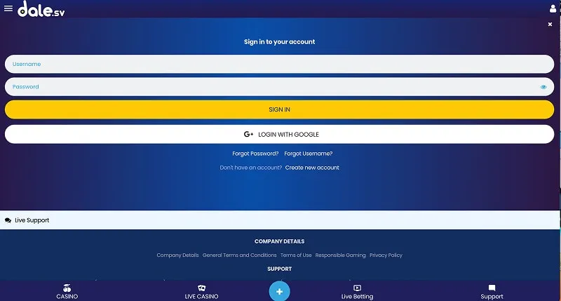 Versions linguistiques du site Web Dale Casino